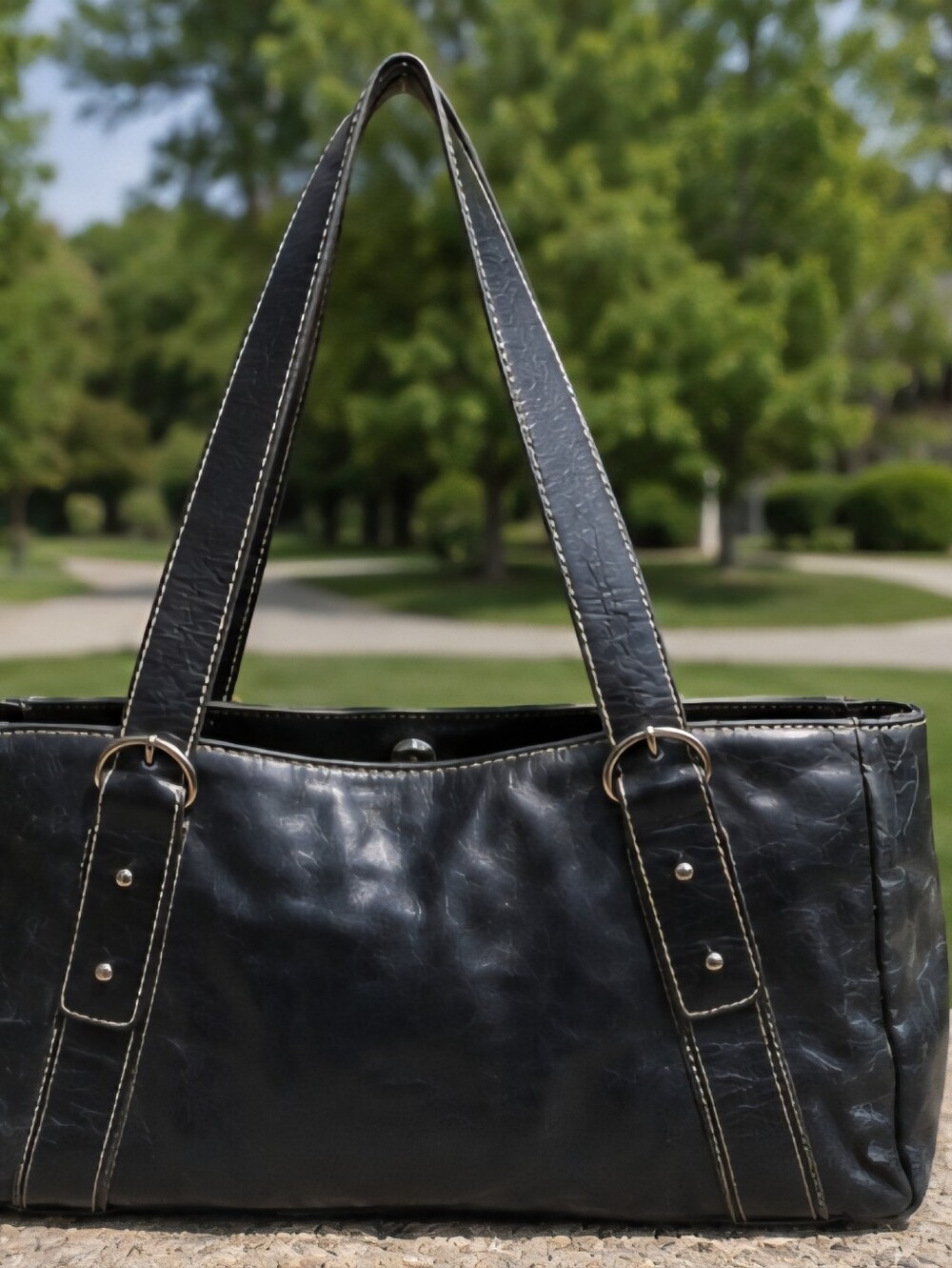 Classic Black Leatherette Shoulder Bag - Women